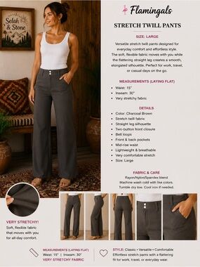 Flamingals Charcoal Brown Straight Leg Stretch Twill Pants